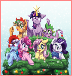 Size: 900x937 | Tagged: safe, artist:inuhoshi-to-darkpen, applejack, fluttershy, pinkie pie, rainbow dash, rarity, spike, twilight sparkle, alicorn, pony, g4, candy cane, christmas, christmas tree, clothes, female, hat, hooves, mane seven, mane six, mare, mistletoe, ornament, red nose, reindeer antlers, santa hat, scarf, tree, twilight sparkle (alicorn), unshorn fetlocks