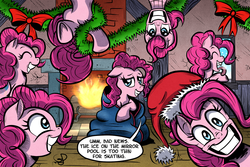 Size: 1500x1000 | Tagged: safe, artist:gray--day, pinkie pie, g4, too many pinkie pies, blanket, christmas, clone, fun fun fun, hat, multeity, pinkie clone, santa hat