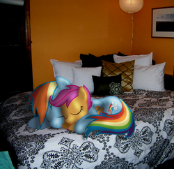 Size: 621x600 | Tagged: safe, edit, rainbow dash, scootaloo, g4, bed, cuddling, irl, photo, ponies in real life, scootalove, sleeping, snuggling