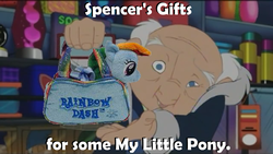 Size: 1280x720 | Tagged: safe, artist:rockylerick, rainbow dash, g4, adam sandler, christmas, crossover, eight crazy nights, exploitable meme, hanukkah, hearth's warming, hearth's warming eve, irl, mall, meme, merchandise, photo, plushie, product placement, spencer's, whitey duvall