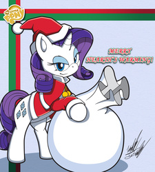 Size: 1080x1200 | Tagged: safe, artist:fuzon-s, rarity, g4, bag, christmas, clothes, female, hat, hearth's warming, logo, looking at you, santa claus, santa costume, santa hat, smiling, solo, sonic channel, sonic the hedgehog (series), style emulation, yuji uekawa style