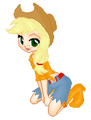 Size: 133x175 | Tagged: safe, artist:selenaede, artist:shourimajo, applejack, human, g4, female, humanized, kneeling, light skin, pixel art, request, simple background, solo