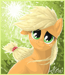 Size: 341x394 | Tagged: safe, artist:gonedreamer, applejack, g4, female, looking at you, pixel art, portrait, solo, sun