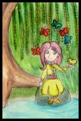 Size: 405x606 | Tagged: safe, artist:ajzan-hataru, fluttershy, butterfly, human, g4, clothes, dress, female, humanized, light skin, solo, traditional art