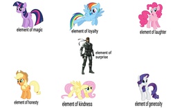 Size: 1280x800 | Tagged: safe, applejack, fluttershy, pinkie pie, rainbow dash, rarity, twilight sparkle, earth pony, human, pegasus, pony, unicorn, g4, elements of harmony, horn, konami, mane six, metal gear, solid snake