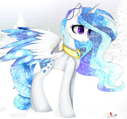 Size: 921x867 | Tagged: dead source, safe, artist:cinnamonh3artz, oc, oc only, alicorn, pony, alicorn oc, colored wings, colored wingtips, ethereal mane, jewelry, solo, tree, winter