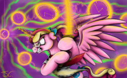 Size: 1200x746 | Tagged: safe, artist:jamescorck, princess cadance, g4, female, heroes, hiro nakamura, parody, solo, sword