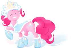 Size: 5689x3856 | Tagged: safe, artist:nicolaykoriagin, pinkie pie, earth pony, pony, g4, boots, clothes, coat, crown, cute, eyes closed, female, grin, hat, hoof boots, jewelry, raised hoof, raised leg, regalia, russian, simple background, smiling, snegurochka, solo, sparkles, transparent background, winter, winter outfit