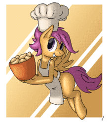 Size: 310x350 | Tagged: safe, artist:tg-0, scootaloo, pegasus, pony, g4, apron, bucket, bucket of chicken, chef, chef's hat, chicken nugget, clothes, female, hat, pixel art, scootachicken, solo