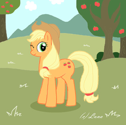 Size: 1580x1568 | Tagged: safe, artist:luuunatic, applejack, g4, apple, apple tree, female, ms paint, signature, solo, wink