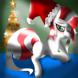 Size: 2000x2000 | Tagged: safe, artist:mrbrunoh1, oc, oc only, oc:peppermint pattie, earth pony, pony, bedroom eyes, christmas, christmas tree, hat, holiday, one eye closed, santa hat, solo, tree, wink