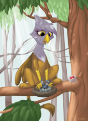 Size: 2400x3300 | Tagged: safe, artist:hirurux, gilda, bird, griffon, g4, animal, bandage, crepuscular rays, egg, female, first aid, injured, nest, out of character, solo, tree