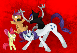 Size: 800x560 | Tagged: safe, artist:calamityjane, apple bloom, rarity, scootaloo, earth pony, pegasus, pony, unicorn, fanfic:aliens are the new black, g4, angry, crossover, fanfic art, female, filly, foal, homestuck, male, mare, red background, simple background, sollux captor, troll (homestuck)