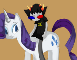 Size: 850x668 | Tagged: safe, artist:calamityjane, rarity, pony, unicorn, g4, crossover, duo, female, glasses, homestuck, male, mare, orange background, riding, simple background, sollux captor, troll (homestuck)