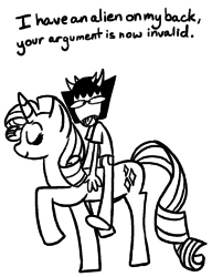 Size: 929x1207 | Tagged: safe, artist:calamityjane, rarity, pony, unicorn, fanfic:aliens are the new black, g4, black and white, crossover, fanfic art, female, grayscale, homestuck, male, mare, monochrome, riding, simple background, sollux captor, tongue out, troll (homestuck), white background