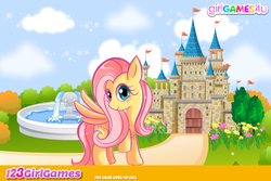 Size: 750x500 | Tagged: safe, screencap, fluttershy, g4, castle, cloud, cloudy, female, fountain, game, link, solo, text