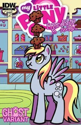Size: 903x1388 | Tagged: safe, idw, derpy hooves, pegasus, pony, g4, collectible, comic, female, ghost variant, mare, muffin, scrunchy face, solo, variant