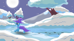 Size: 1398x786 | Tagged: safe, artist:evil-dec0y, trixie, pony, unicorn, g4, cape, clothes, cropped, female, full moon, hat, mare, moon, night, running, smiling, snow, solo, trixie's cape, trixie's hat, winter
