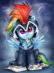 Size: 700x946 | Tagged: dead source, safe, artist:xioade, rainbow dash, zapp, pegasus, pony, g4, power ponies (episode), clothes, cute, dashabetes, female, filly, filly rainbow dash, oversized clothes, power ponies, smiling, solo
