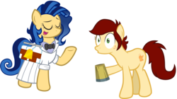 Size: 3307x1851 | Tagged: safe, artist:clamstacker, oc, oc only, oc:canni soda, oc:milky way, pony, clothes, female, mare, simple background, spit take, transparent background, uniform, vector