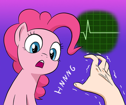 Size: 1024x856 | Tagged: safe, artist:doublewbrothers, pinkie pie, earth pony, human, pony, g4, cropped, female, hand, heart rate monitor, hnnng, mare, offscreen character, pov, solo focus