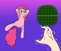 Size: 1024x865 | Tagged: safe, artist:doublewbrothers, pinkie pie, human, g4, gradient background, hand, heart attack, midair, pony simulator, simulator, this will end in pain, vein, vein bulge