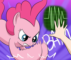 Size: 1024x864 | Tagged: safe, artist:doublewbrothers, pinkie pie, human, g4, glare, gritted teeth, hand, heart attack, pony simulator, precordial thump