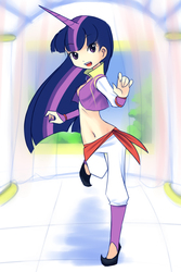 Size: 720x1080 | Tagged: safe, artist:drantyno, twilight sparkle, human, g4, belly button, belly dancer, belly dancer outfit, female, horn, horned humanization, humanized, light skin, midriff, solo