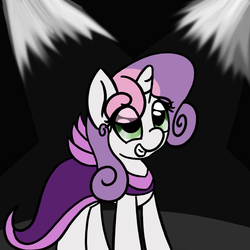 Size: 1000x1000 | Tagged: safe, sweetie belle, pony, unicorn, g4, ask-bloody-sweetie-belle, clothes, dress, female, grin, smiling, solo, stage, stage light