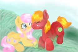 Size: 600x400 | Tagged: safe, artist:sonoma89, big macintosh, fluttershy, earth pony, pony, g4, male, nuzzling, ship:fluttermac, shipping, stallion, straight