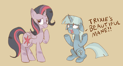 Size: 1442x779 | Tagged: safe, artist:sunomii, trixie, twilight sparkle, alicorn, pony, g4, alternate hairstyle, crying, female, mane swap, mare, sweat, twilight sparkle (alicorn)