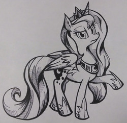 Size: 2440x2352 | Tagged: safe, artist:php92, princess luna, g4, female, lineart, monochrome, raised hoof, solo