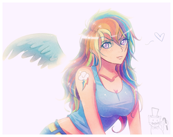 Size: 694x549 | Tagged: safe, alternate version, artist:songoftheshoebox, rainbow dash, human, g4, anime, anime style, breasts, busty rainbow dash, cleavage, female, heart, humanized, light skin, simple background, solo, winged humanization, wings