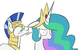 Size: 1400x912 | Tagged: safe, artist:sunomii, princess celestia, alicorn, earth pony, pony, g4, crown, faic, female, floppy ears, helmet, jewelry, lidded eyes, lip bite, male, mare, regalia, royal guard, stallion, unamused