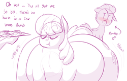 Size: 1250x800 | Tagged: safe, artist:secretgoombaman12345, cheerilee, rumble, oc, oc:anon, pony, g4, belly, butt, chubbilee, dialogue, fat, feeding, impossibly large butt, impossibly wide hips, jiggle, morbidly obese, obese, plot, stuffing, weight gain, wide hips