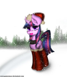 Size: 1400x1600 | Tagged: safe, artist:gamermac, twilight sparkle, alicorn, pony, g4, clothes, collar, female, hat, mare, santa hat, snow, snowfall, solo, stockings, twilight sparkle (alicorn)