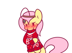 Size: 812x600 | Tagged: safe, artist:milkwolf, fluttershy, g4, ask, ask-friendlyshy, blushing, bottomless, clothes, cute, cute ponies in sweaters, female, holly, holly mistaken for mistletoe, partial nudity, puffy cheeks, shy, solo, sweater, sweatershy