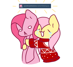 Size: 841x782 | Tagged: safe, artist:milkwolf, fluttershy, pinkie pie, g4, ask-friendlyshy, clothes, cute, female, lesbian, pinkamena diane pie, ship:flutterpie, shipping, sweater, sweatershy