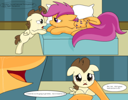 Size: 1261x988 | Tagged: safe, artist:eeveepikachuchan, pound cake, scootaloo, pegasus, g4, adult, bed, colt, comic, crying, dialogue, dying, feels, foal, hospital, male, older, plague, sad, sick