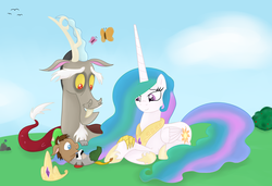 Size: 6354x4350 | Tagged: safe, artist:kaleysia, discord, princess celestia, oc, chimera, hybrid, g4, absurd resolution, female, interspecies offspring, male, offspring, parent:discord, parent:princess celestia, parents:dislestia, ship:dislestia, shipping, straight