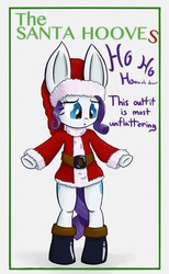 Size: 800x1300 | Tagged: safe, artist:heir-of-rick, rarity, semi-anthro, g4, :o, boots, both cutie marks, christmas, clothes, dialogue, female, hat, holiday, impossibly large ears, open mouth, parody, santa costume, santa hat, solo, the santa clause