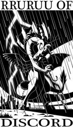 Size: 600x1049 | Tagged: safe, artist:fakedog, discord, g4, black and white, grayscale, lightning, male, solo, umbrella