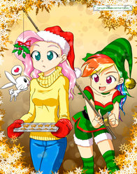 Size: 1181x1507 | Tagged: safe, artist:nancysauria, angel bunny, fluttershy, rainbow dash, human, g4, christmas, clothes, duo, hat, holly, holly mistaken for mistletoe, humanized, light skin, santa hat, sweater, sweatershy