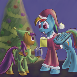 Size: 1500x1500 | Tagged: safe, artist:popprocks, rainbow dash, scootaloo, g4, clothes, duo, hat, santa costume, santa hat, scootalove