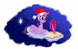 Size: 1280x800 | Tagged: safe, artist:xtralife, twilight sparkle, alicorn, pony, g4, cloud, female, hat, mare, quill, santa hat, solo, twilight sparkle (alicorn)