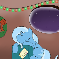 Size: 1000x1000 | Tagged: safe, artist:theparagon, trixie, pony, unicorn, g4, christmas, cute, female, implied shipping, lesbian, mare, present, shipping, sleeping, solo, trixieshy