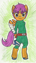 Size: 609x1053 | Tagged: safe, artist:godsonvacation, scootaloo, g4, female, naruto, rock lee, solo, traditional art