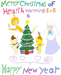 Size: 2413x2970 | Tagged: safe, artist:pokeneo1234, pound cake, pumpkin cake, g4, .hack, .hack//, aura, christmas, christmas carol, christmas tree, crossover, hearth's warming eve, the ghost of christmas past, tree