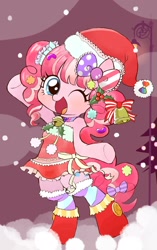 Size: 1208x1920 | Tagged: safe, artist:momo, pinkie pie, ask harajukupinkiepie, g4, alternate hairstyle, bell, bipedal, bow, christmas, clothes, cute, diapinkes, dress, female, hair bow, hat, holiday, one eye closed, pigtails, santa hat, solo, wink
