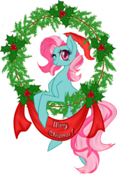 Size: 957x1422 | Tagged: safe, artist:mlpazureglow, minty, earth pony, pony, g3, g4, christmas, female, g3 to g4, generation leap, holly, merry christmas, simple background, solo, transparent background, wink, wreath